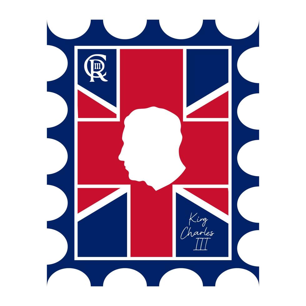 porto stämpel med silhuett av kung charles iii på bakgrund av förenad rike flagga. brittiskt monark huvud sida se profil silhuett prins av Wales. vektor logotyp för design och dekoration.