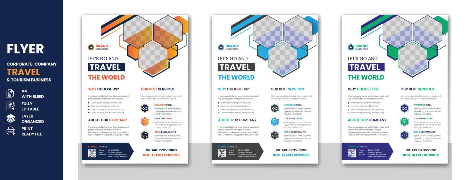 Reise- und Tour-Geschäftsplakat oder Firmenprofil-Flyer und A4-Deckblatt-Vorlagendesign vektor