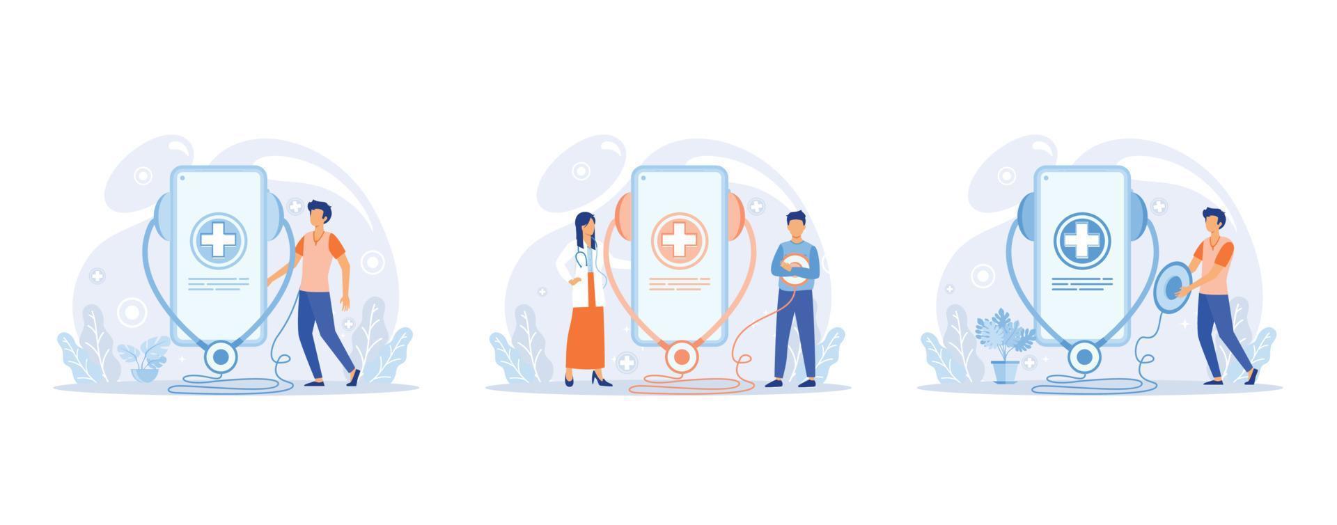 uppkopplad läkare. sjukvård tjänster, fråga läkare. tele medicin e-hälsa service. terapeut videosamtal telefon skärm, uppsättning platt vektor modern illustration