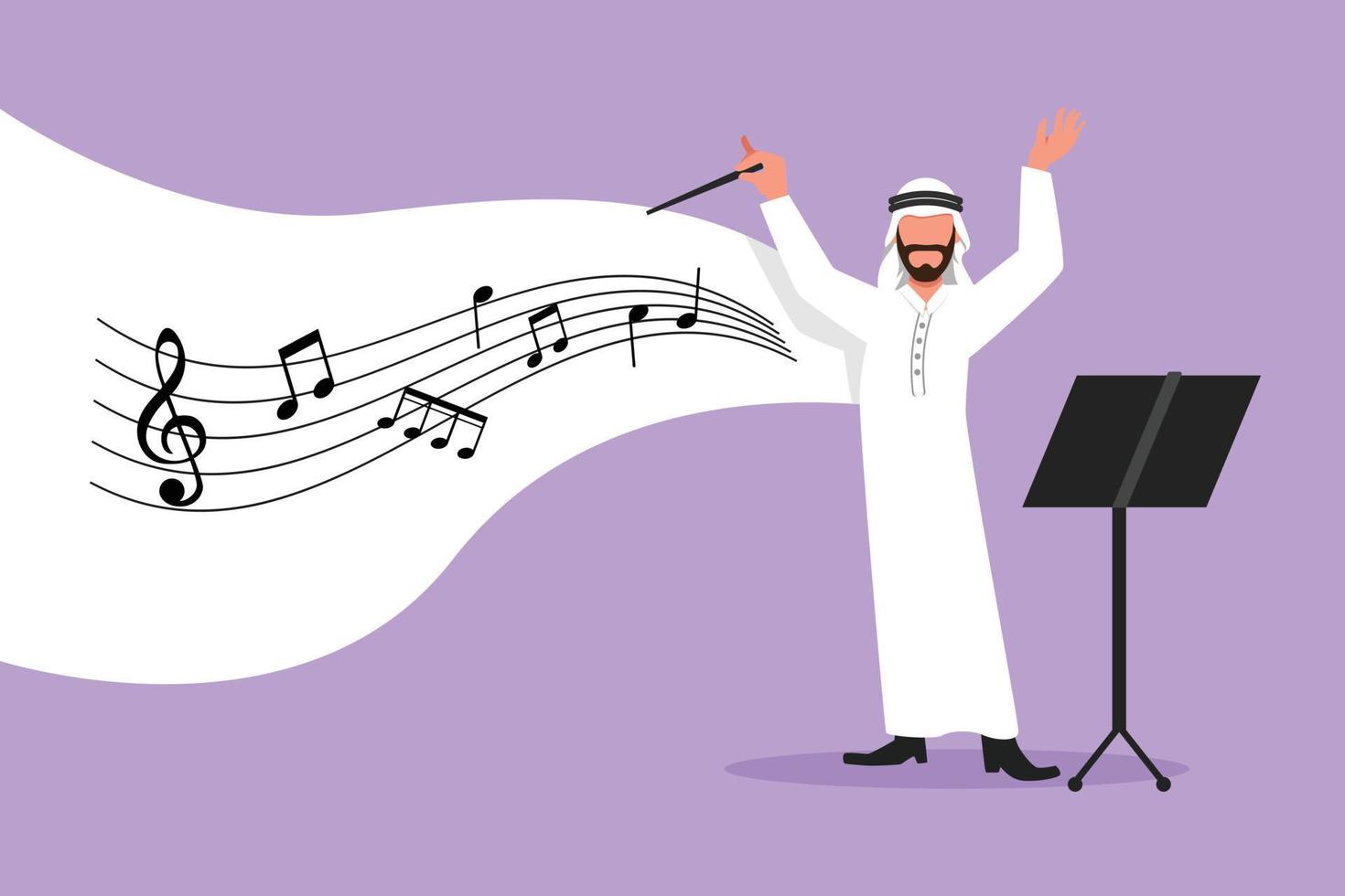 företag platt tecknad serie stil teckning arab man musik orkester dirigent. manlig musiker med ärm gester. uttrycksfull dirigent dirigerar orkester under prestanda. grafisk design vektor illustration