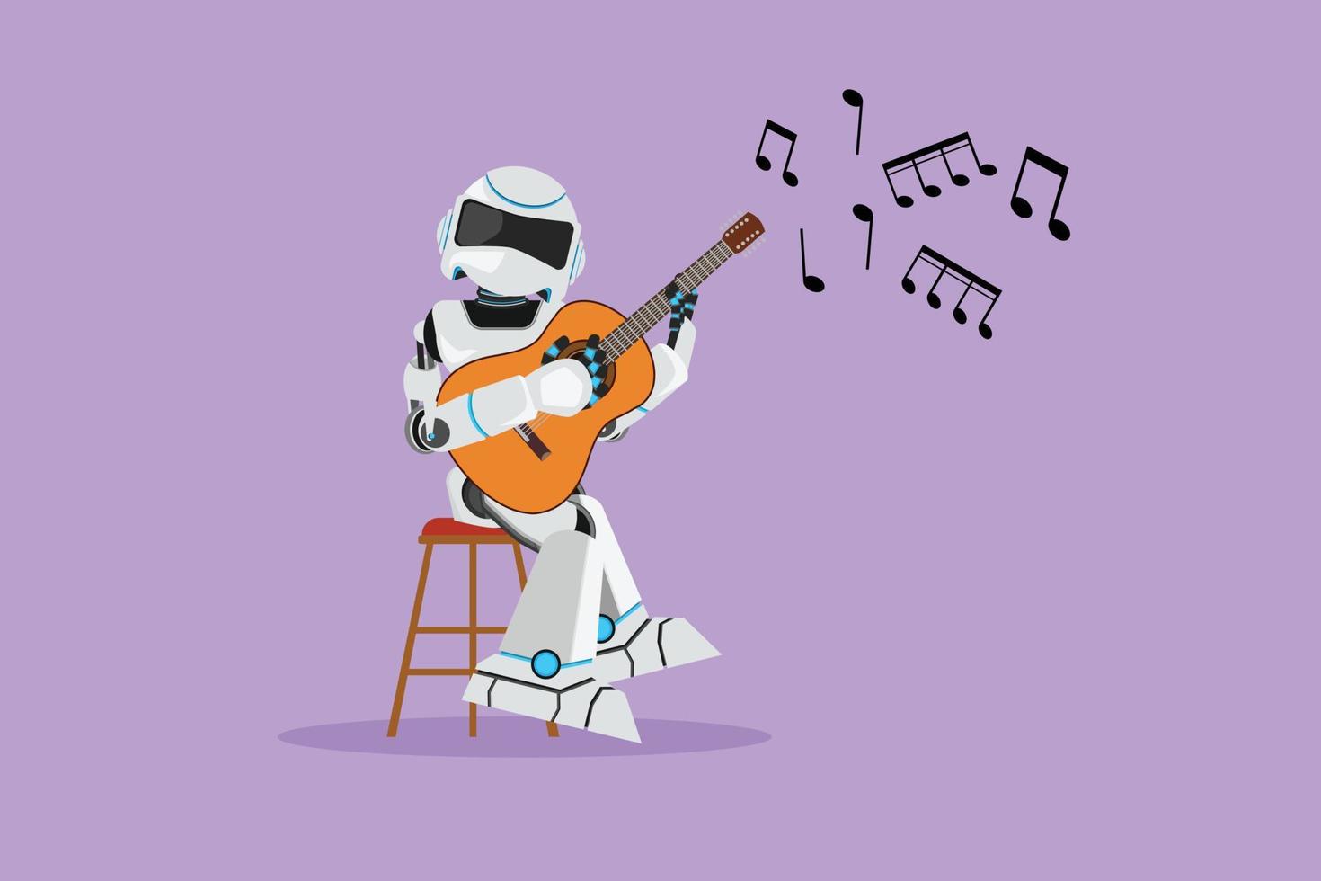 Charakter flache Zeichnung aktiver Robotermusiker, der bei musikalischer Darbietung Akustikgitarre spielt. moderne robotische künstliche Intelligenz. Industrie der Elektrotechnik. Cartoon-Design-Vektor-Illustration vektor