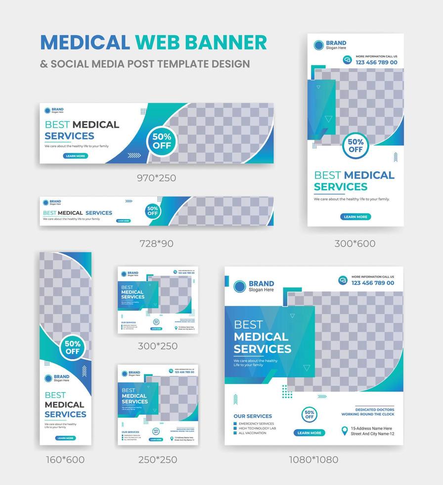 medicinsk hälsa webb baner och social media posta mall design fyrkant och horisontell storlek vektor