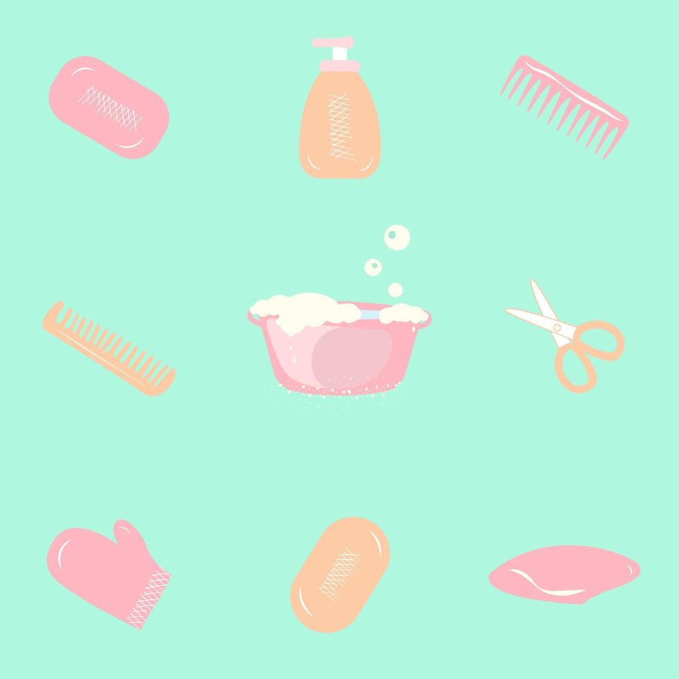 Set von Pflegesymbolen mit Badewanne, Seife, Haarbürste, Tuch, Hand, Füßen, Gesicht, Windel, Creme und vielem mehr. hand gezeichnete linie kunstvektorillustration. vektor