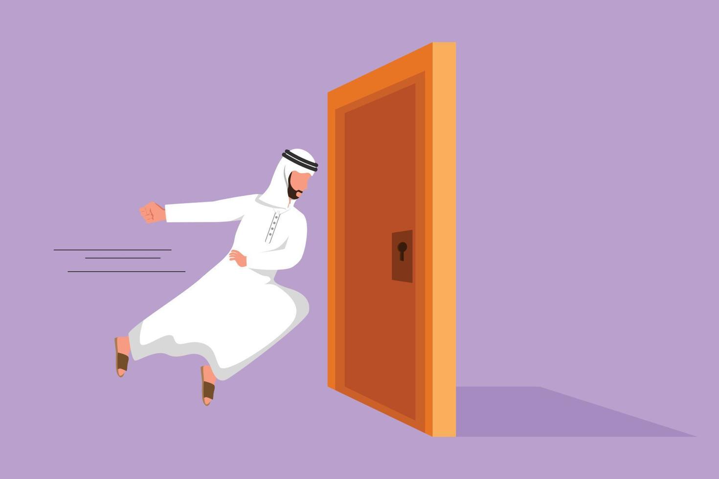 tecknad serie platt stil teckning arab affärsman löpning och vilja till ha sönder ner de dörr. företag kamp liknelse. styrka arbetstagare för Framgång. öppning stängd dörrar. grafisk design vektor illustration