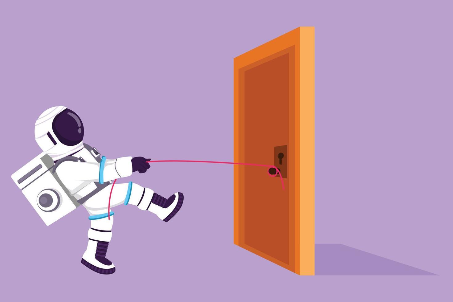 grafische flache Konstruktionszeichnung eines jungen Astronauten, der Tür mit Seil zieht, Metapher für ein Problem auf der Mondoberfläche. Kraft zum Erfolg. Kosmonauten-Deep-Space-Konzept. Cartoon-Stil-Vektor-Illustration vektor