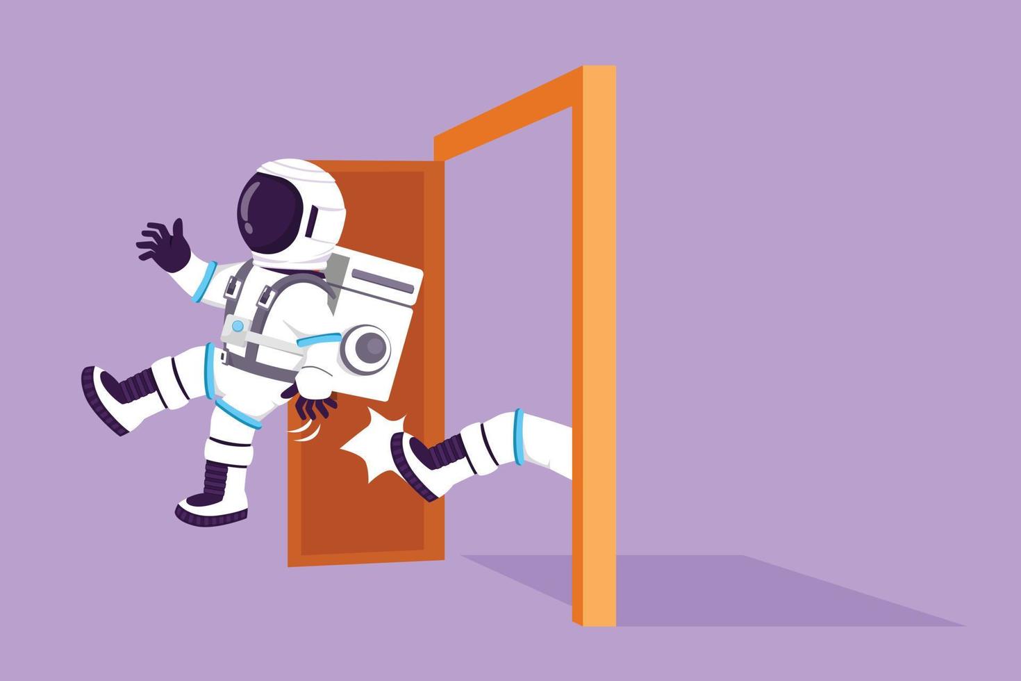 Cartoon Flat Style Zeichnung junger Astronaut wird auf der Mondoberfläche aus der Tür geworfen. von der Arbeit entlassen. Chef tritt unnötigen Mitarbeiter. kosmisches galaxienraumkonzept. Grafikdesign-Vektorillustration vektor