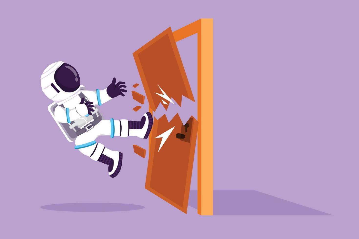 karaktär platt teckning ung astronaut sparkar dörr med flygande sparka fram tills dörr krossade i måne yta. spaceman sparkar låst dörr. kosmonaut yttre Plats begrepp. tecknad serie design vektor illustration
