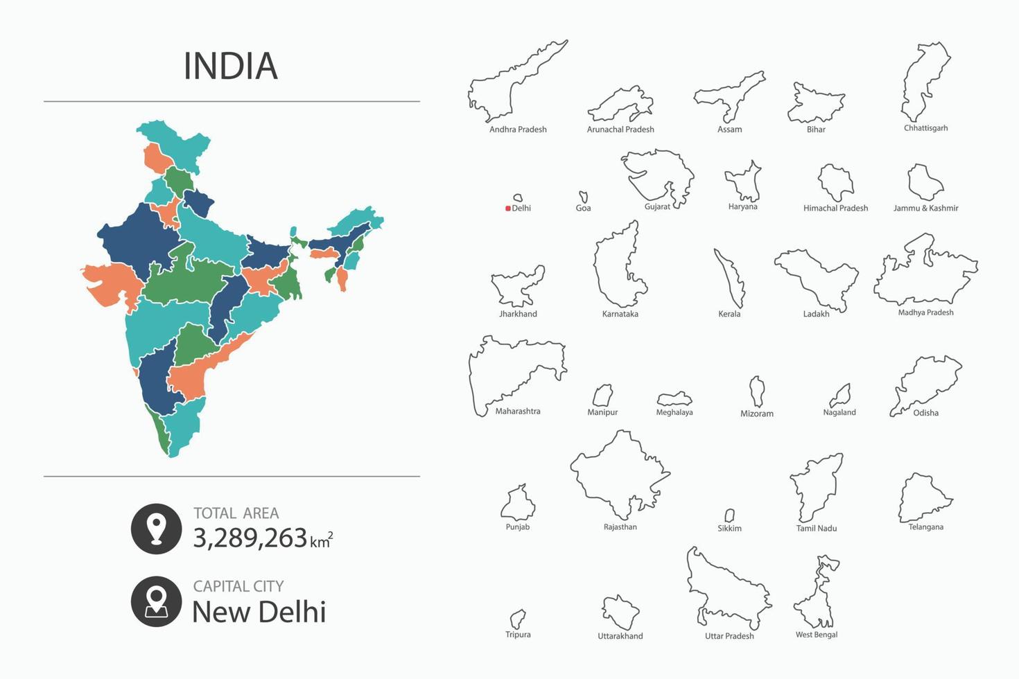 Karte von Indien mit detaillierter Landkarte. Kartenelemente von Städten, Gesamtgebieten und Hauptstadt. vektor