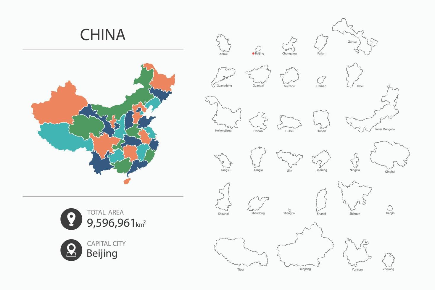 Karta av Kina med detaljerad Land Karta. Karta element av städer, total områden och huvudstad. vektor