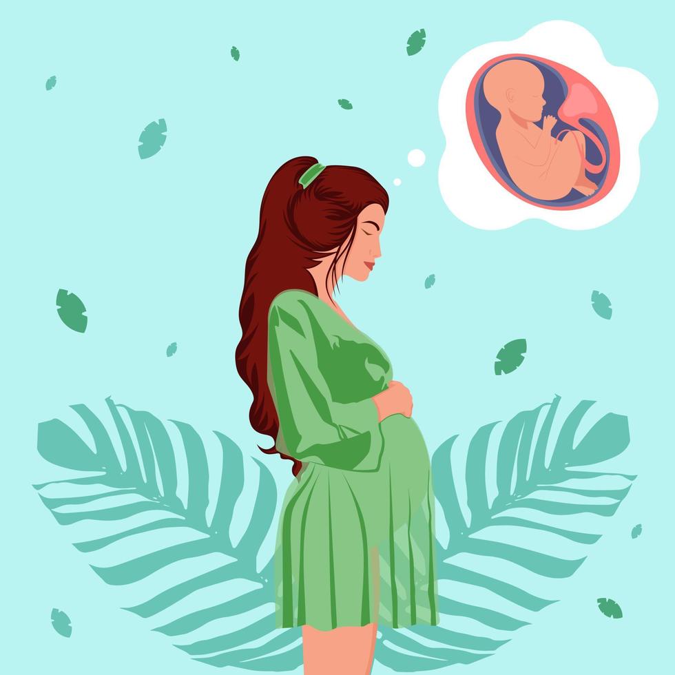 graviditet, gravid flicka. tänkande handla om de bebis. grön bakgrund vektor