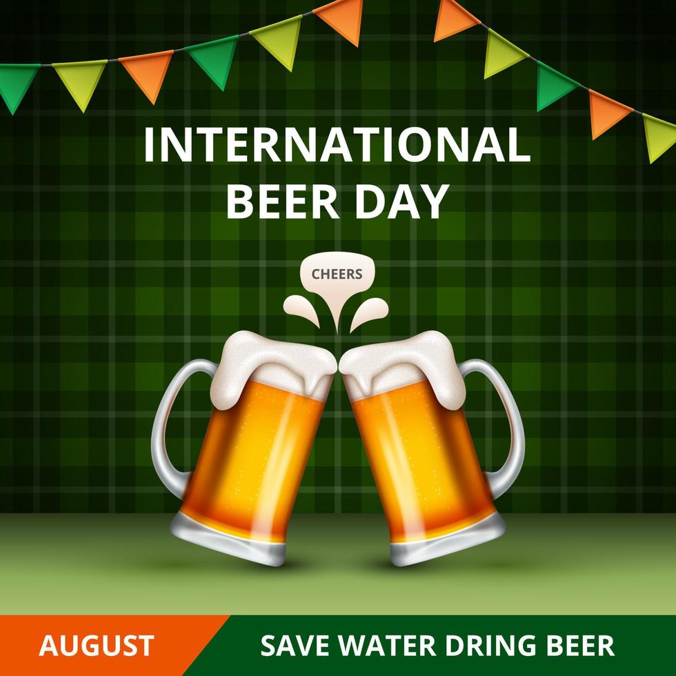 Internationaler Tag des Bieres, am august. Prost mit klirrenden Bierkrügen konzeptionell. Vektor-Illustration. vektor