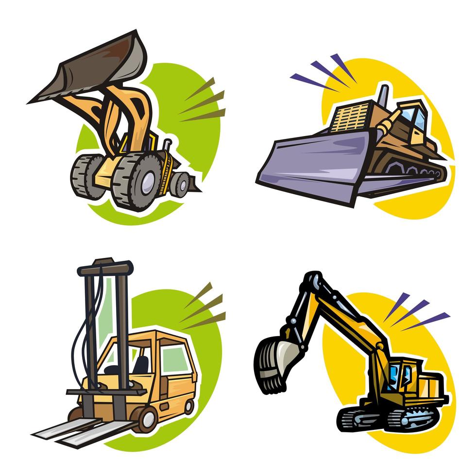 uppsättning bulldozer, grävmaskin och gaffeltruck vektor