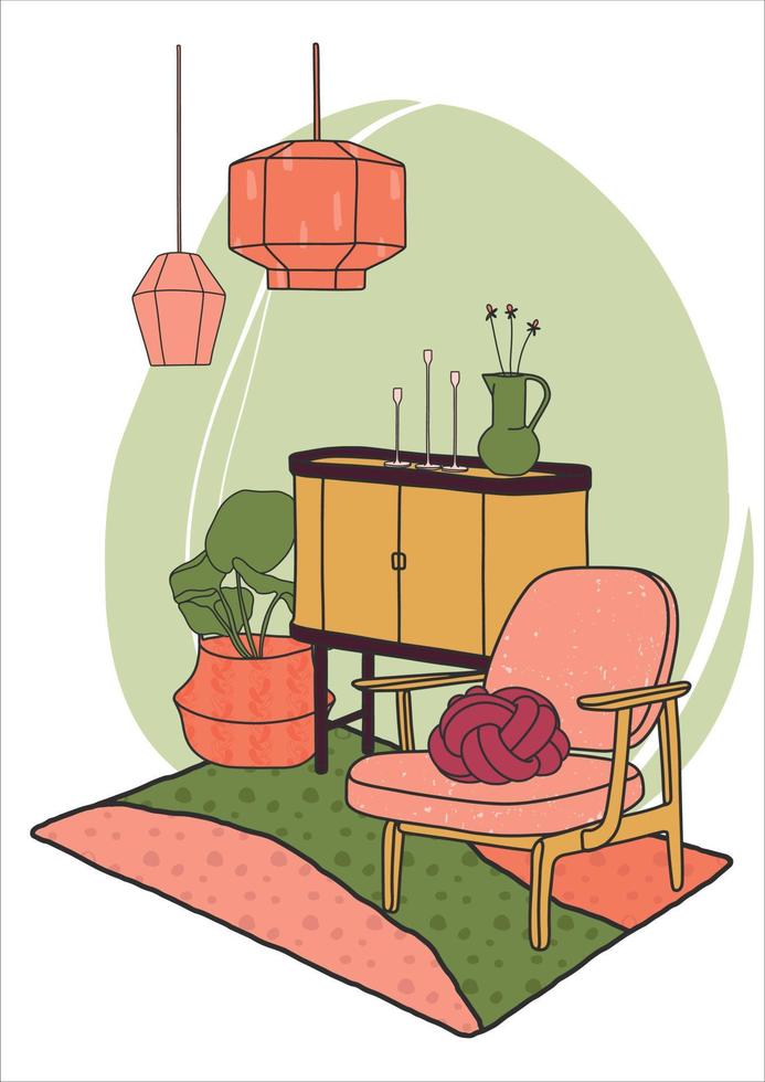 scandinavian levande rum interiör. eleganta fåtölj, bröst av lådor, lampa och korg med en Hem växt. mysigt interiör. vektor illustration med hygge stil möbel. enkel, platt design.