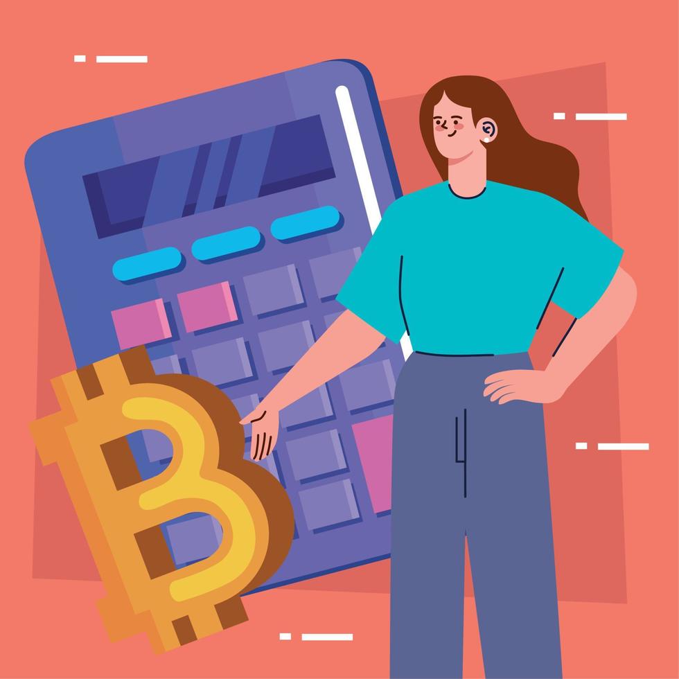 Bitcoin mit Taschenrechner und Frau vektor