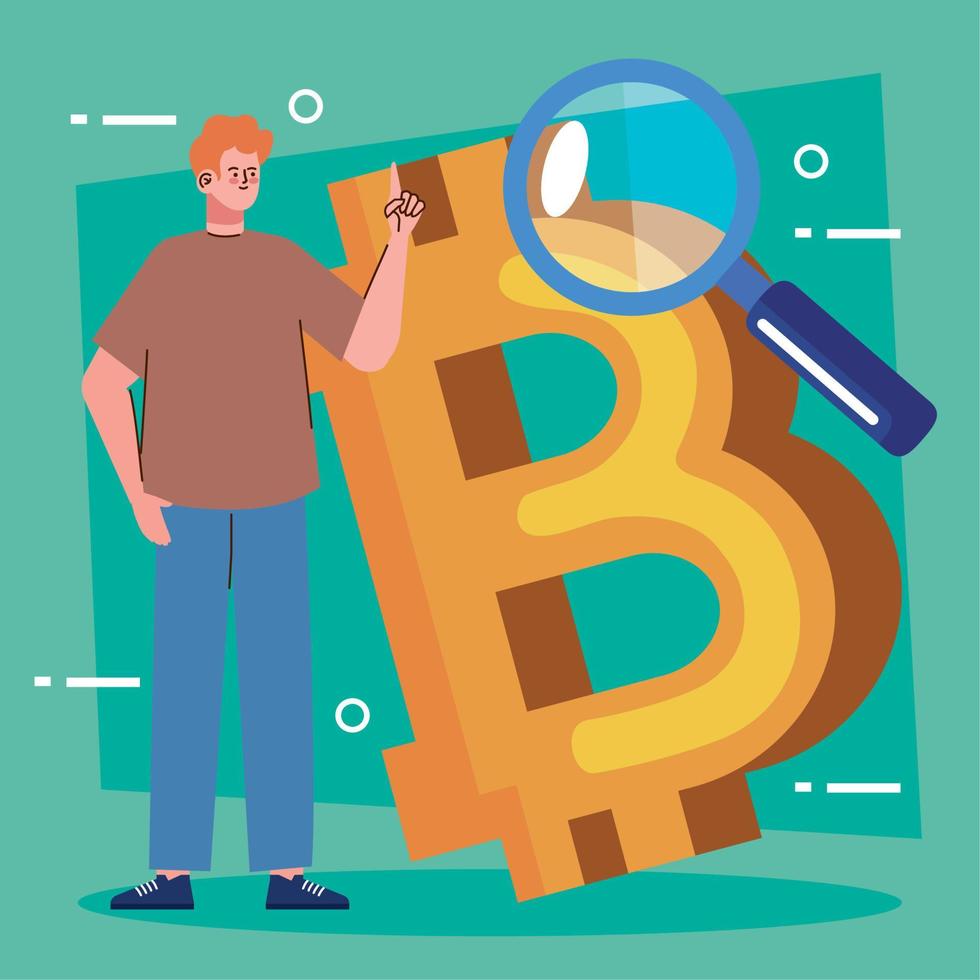 Bitcoin-Symbol mit Mann und Lupe vektor