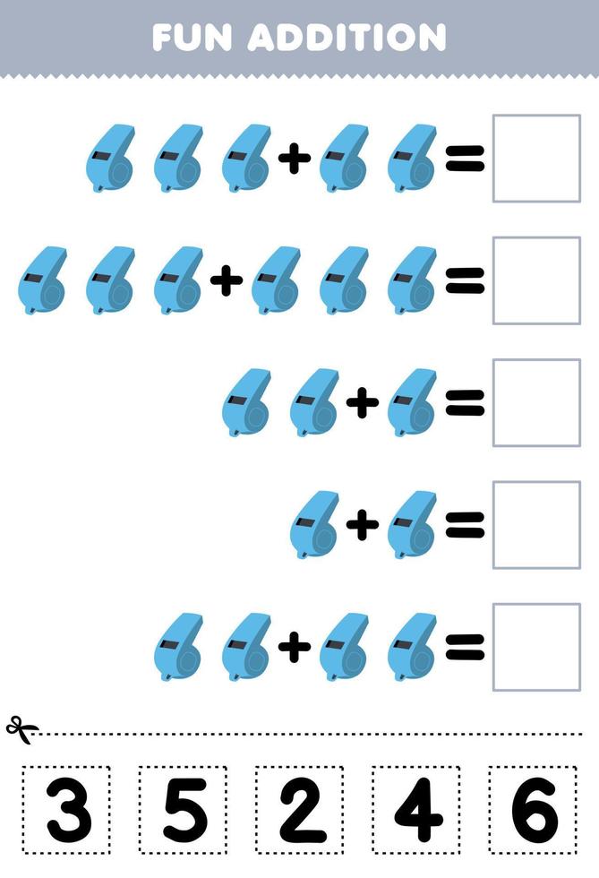 Bildungsspiel für Kinder Spaßzusatz durch Ausschneiden und Anpassen der richtigen Nummer für das druckbare Arbeitsblatt für Cartoon-Musikinstrumentpfeifen vektor
