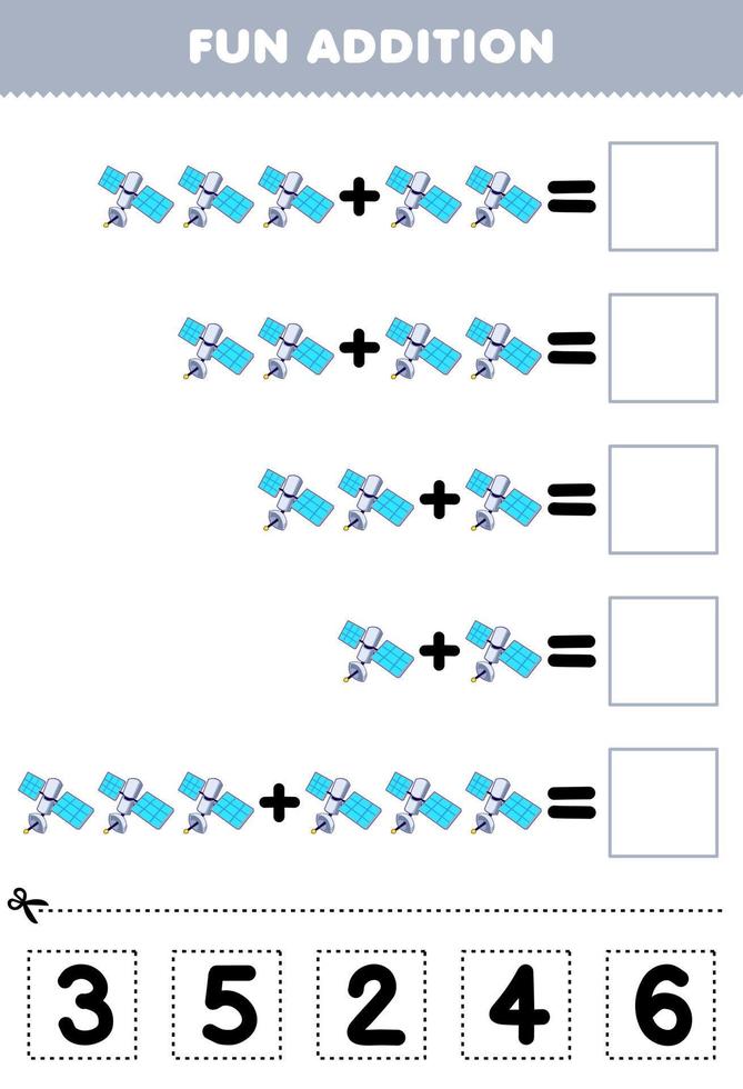 Lernspiel für Kinder, lustiges Hinzufügen durch Ausschneiden und Anpassen der richtigen Nummer für niedliches Cartoon-Satelliten-Arbeitsblatt zum Ausdrucken des Sonnensystems vektor