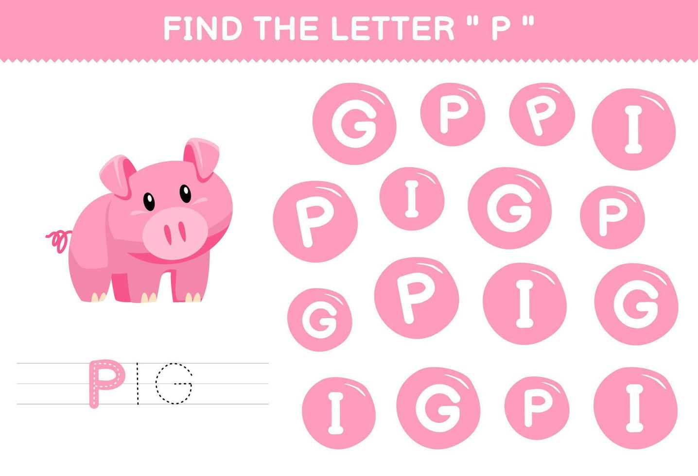 bildungsspiel für kinder finden sie den buchstaben p mit niedlichem cartoon tier rosa schwein druckbares arbeitsblatt vektor
