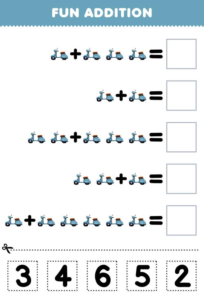 utbildning spel för barn roligt tillägg förbi skära och match korrekt siffra för söt tecknad serie skoter cykel tryckbar transport kalkylblad vektor