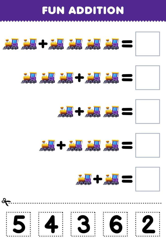 utbildning spel för barn roligt tillägg förbi skära och match korrekt siffra för söt tecknad serie lokomotiv tåg tryckbar transport kalkylblad vektor