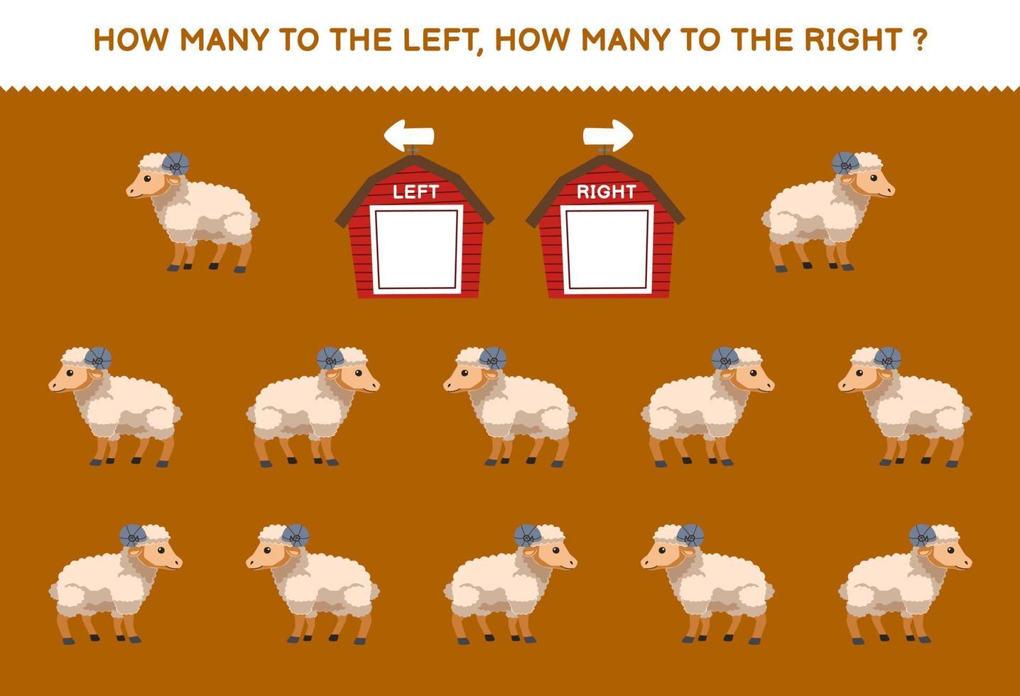 Lernspiel für Kinder zum Zählen des linken und rechten Bildes von niedlichen Cartoon-Schafen zum Ausdrucken des Farm-Arbeitsblatts vektor