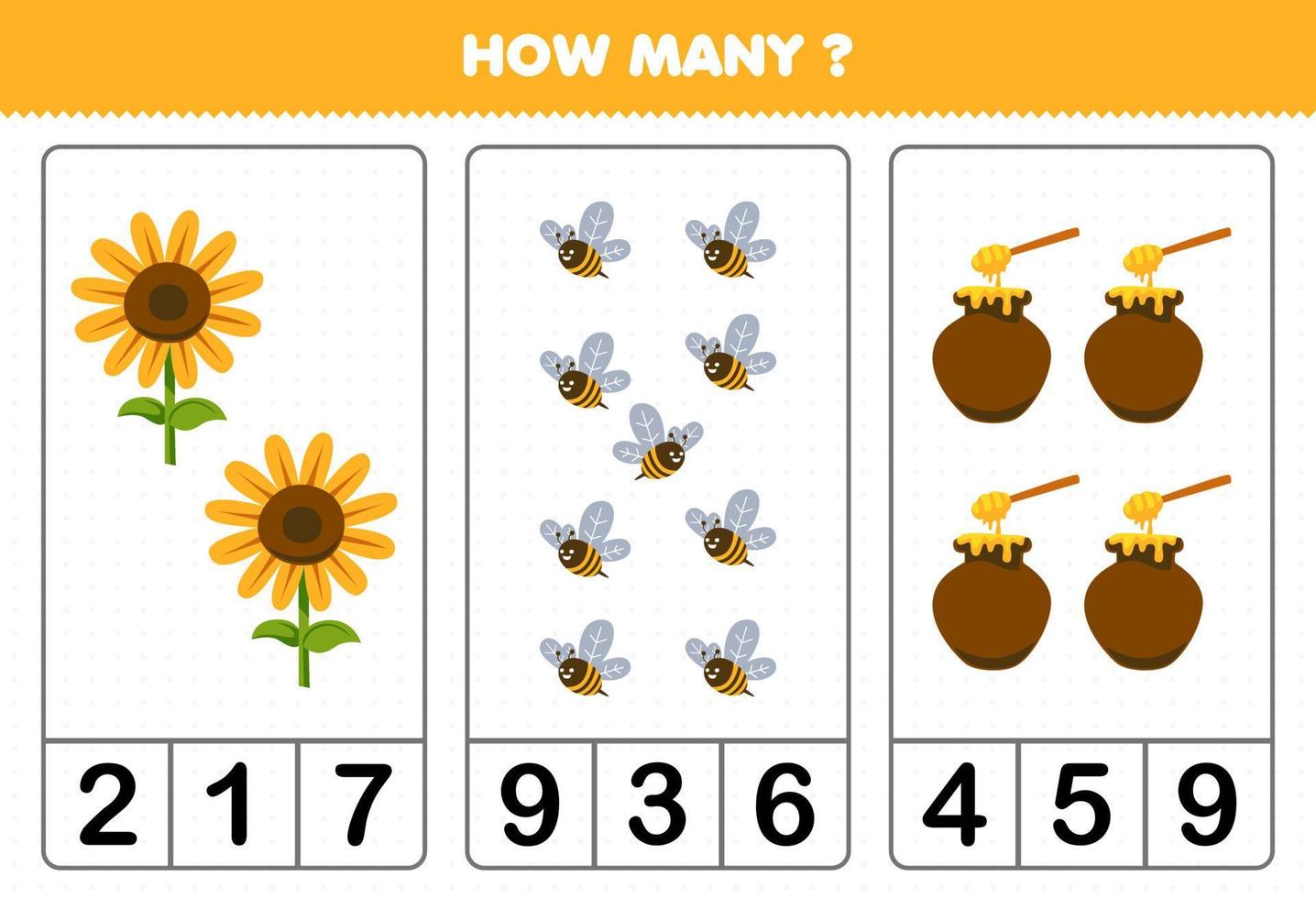 utbildning spel för barn räkning på vilket sätt många söt tecknad serie solros bi honung tryckbar bruka kalkylblad vektor