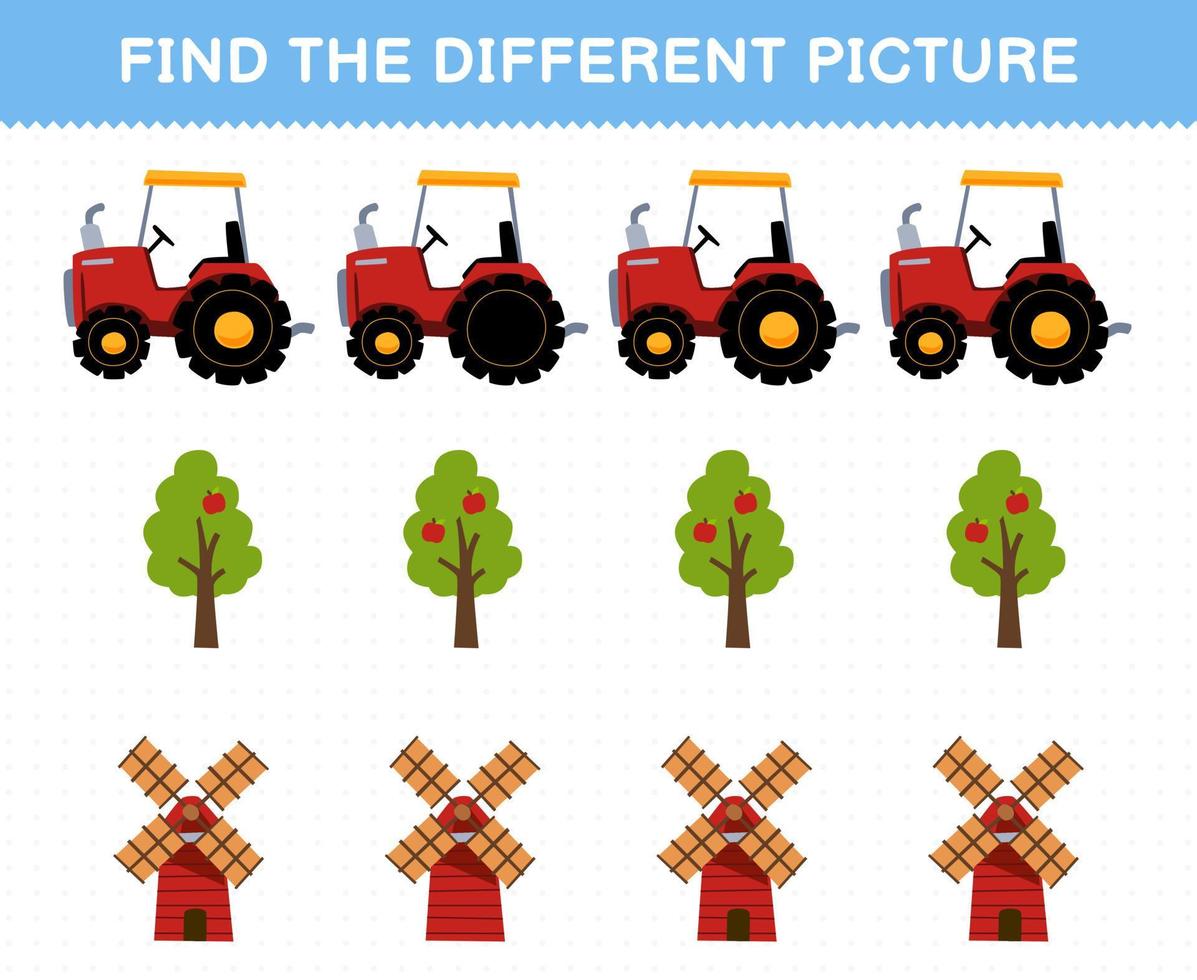 utbildning spel för barn hitta de annorlunda bild i varje rad av söt tecknad serie traktor träd väderkvarn tryckbar bruka kalkylblad vektor