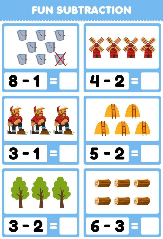 Lernspiel für Kinder Spaß Subtraktion durch Zählen und Eliminieren des niedlichen Cartoon-Eimers Windmühle Holzfäller Heuhaufen Baum Holzstamm druckbares Bauernhof-Arbeitsblatt vektor