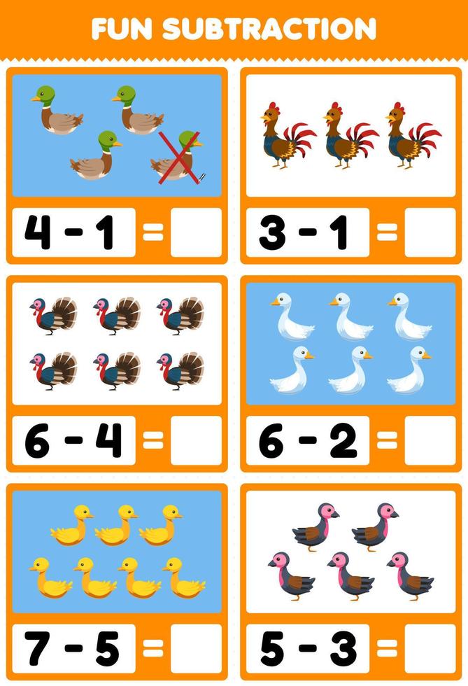 utbildning spel för barn roligt subtraktion förbi räkning och eliminera söt tecknad serie Anka kyckling Kalkon gås tryckbar bruka kalkylblad vektor