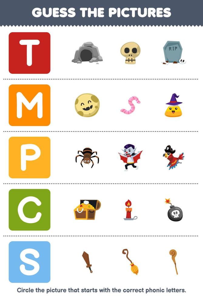 bildungsspiel für kinder erraten sie das richtige bild für das phonische wort, das mit dem buchstaben tmpc und dem druckbaren halloween-arbeitsblatt beginnt vektor