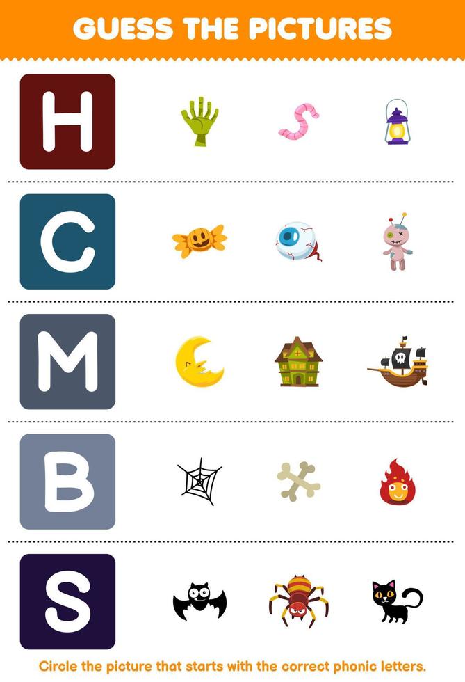 utbildning spel för barn gissa de korrekt bild för akustisk ord den där börjar med brev h c m b och s tryckbar halloween kalkylblad vektor