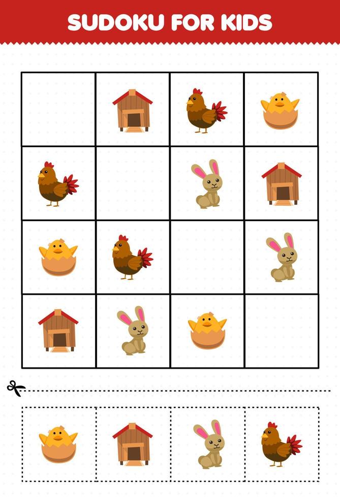 Lernspiel für Kinder Sudoku für Kinder mit niedlichem Cartoon-Huhn-Henne-Küken-Kaninchenstall-Bauernhof-Arbeitsblatt zum Ausdrucken vektor