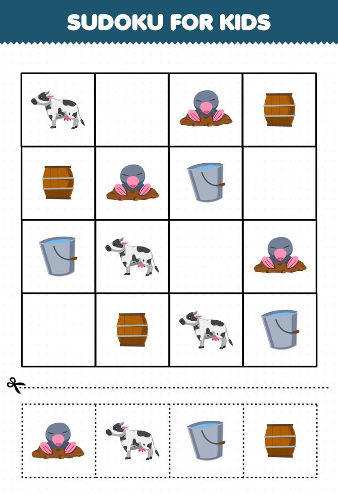 Lernspiel für Kinder Sudoku für Kinder mit niedlichem Cartoon-Kuh-Maulwurf-Holzfass-Eimer zum ausdrucken Farm-Arbeitsblatt vektor