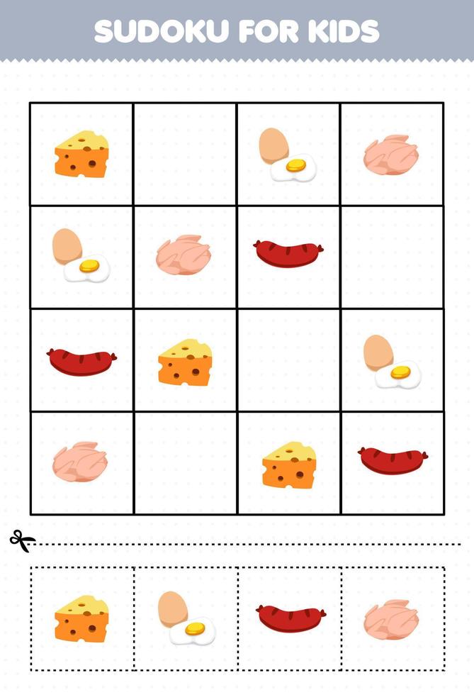 Lernspiel für Kinder Sudoku für Kinder mit niedlichem Cartoon-Käse-Ei-Hähnchen-Fleisch-Wurst-Bauernhof-Arbeitsblatt zum Ausdrucken vektor