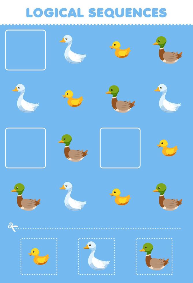 utbildning spel för barn logisk sekvenser för barn med söt tecknad serie gås Anka bild tryckbar bruka kalkylblad vektor