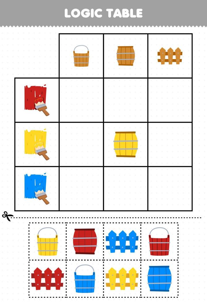 Bildungsspiel für Kinder Logiktabelle Schnitt und Übereinstimmung des niedlichen Cartoon-Korbfasses und des Zaunbildes zum Ausdrucken des Farm-Arbeitsblatts vektor