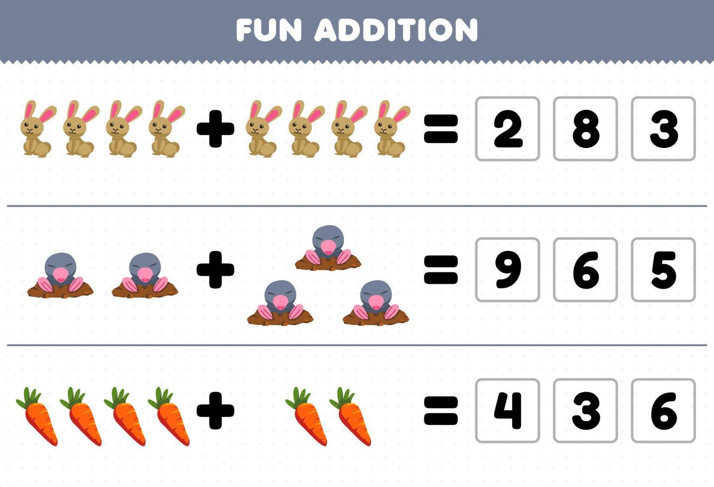 Lernspiel für Kinder Spaß Zusatz durch Erraten der richtigen Anzahl von niedlichen Cartoon-Kaninchen Maulwurf Karotte druckbares Farm-Arbeitsblatt vektor