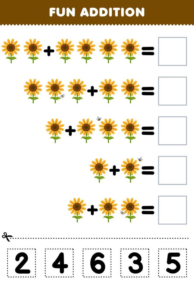 Lernspiel für Kinder Spaß Addition durch Ausschneiden und Anpassen der richtigen Nummer für Cartoon-Sonnenblumen-Arbeitsblatt zum Ausdrucken auf dem Bauernhof vektor