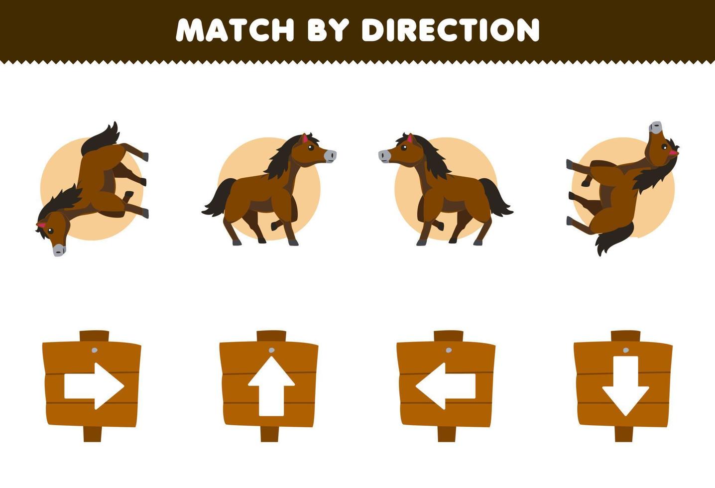 bildungsspiel für kinder vergleich nach richtung links rechts nach oben oder unten orientierung des niedlichen cartoon-pferdes druckbares farmarbeitsblatt vektor