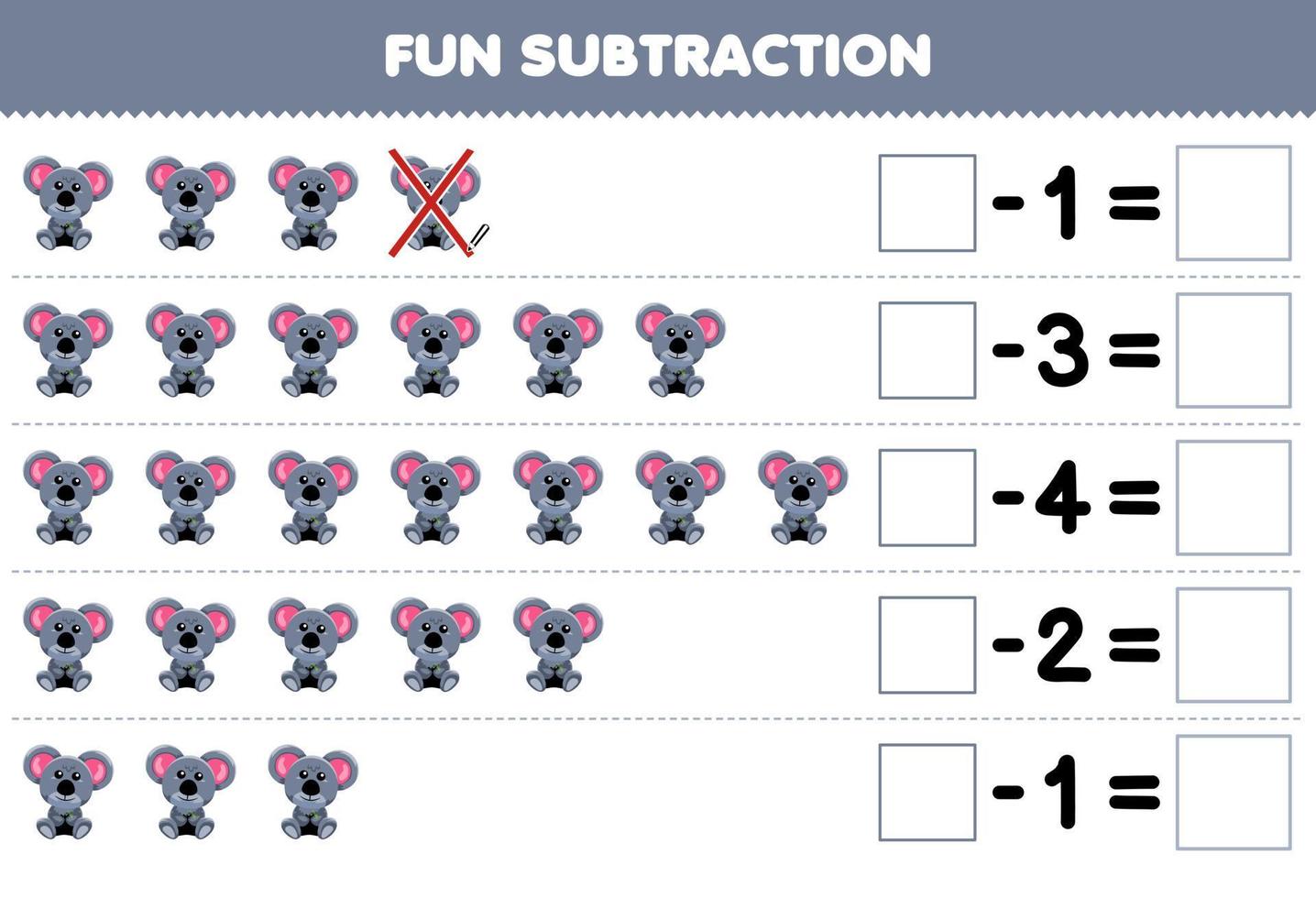 utbildning spel för barn roligt subtraktion förbi räkning söt tecknad serie grå koala i varje rad och eliminera den tryckbar djur- kalkylblad vektor