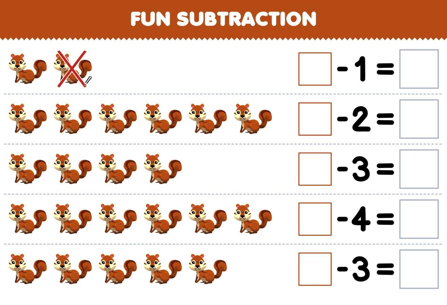 utbildning spel för barn roligt subtraktion förbi räkning söt tecknad serie brun ekorre i varje rad och eliminera den tryckbar djur- kalkylblad vektor