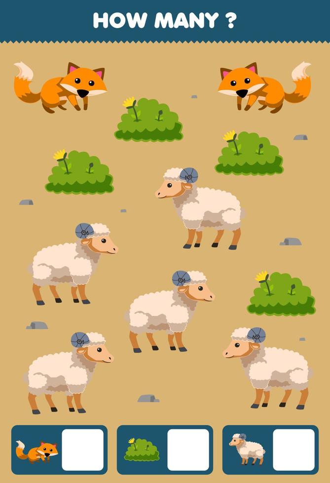 Lernspiel für Kinder, die suchen und zählen, wie viele Objekte von niedlichen Cartoon-Fuchs-Busch-Schafen druckbares Farm-Arbeitsblatt sind vektor