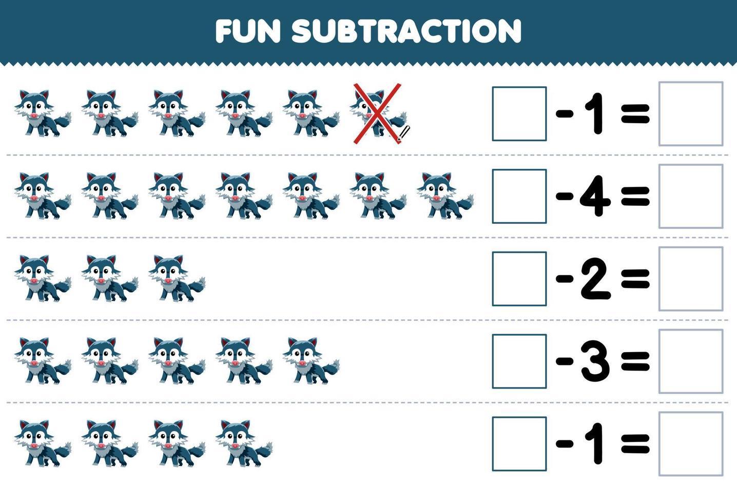 utbildning spel för barn roligt subtraktion förbi räkning söt tecknad serie blå Varg i varje rad och eliminera den tryckbar djur- kalkylblad vektor