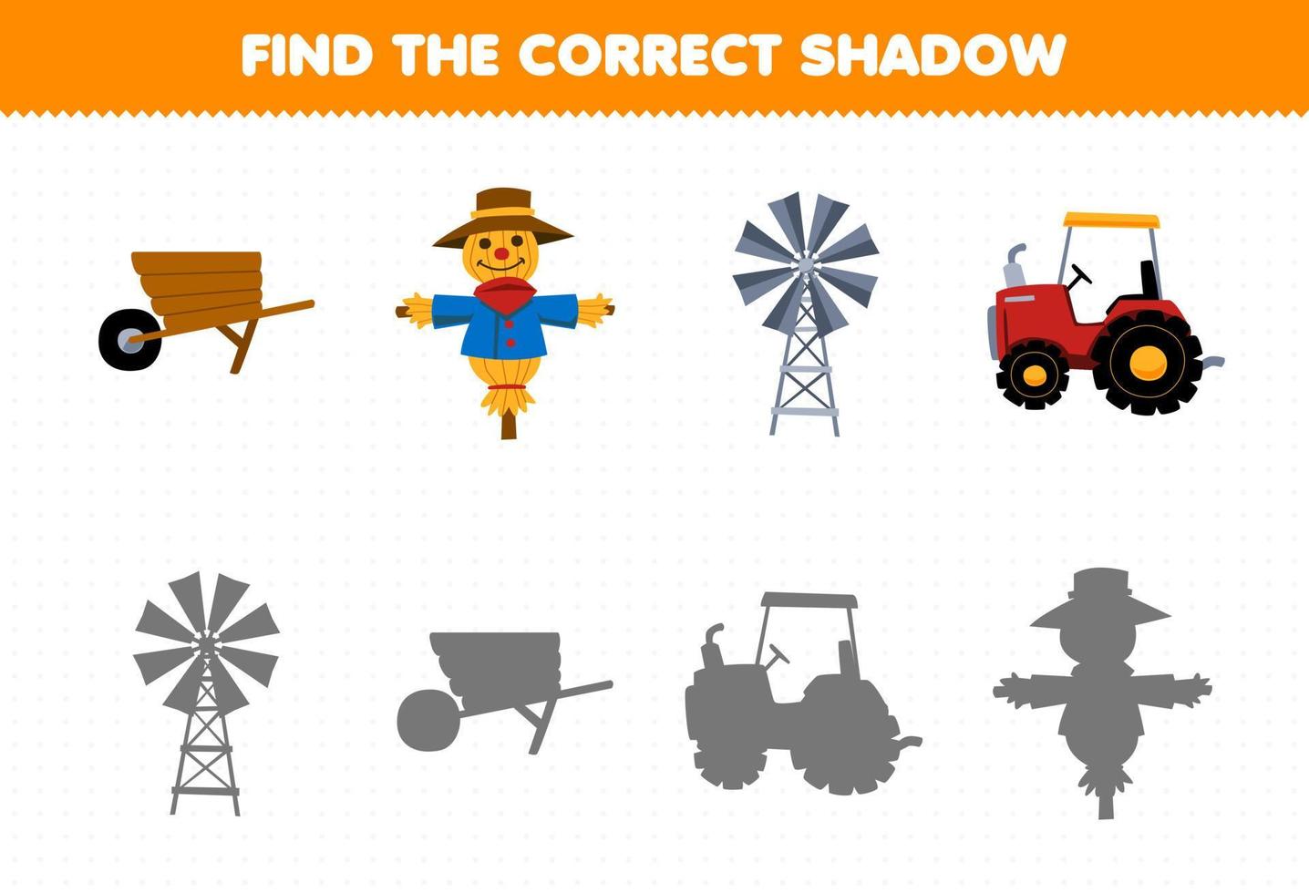 utbildning spel för barn hitta de korrekt skugga uppsättning av söt tecknad serie skottkärra scarecrow väderkvarn traktor tryckbar bruka kalkylblad vektor