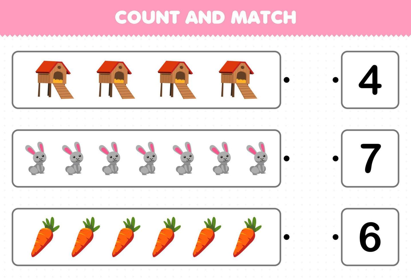 Lernspiel für Kinder Zählen Sie die Anzahl der niedlichen Cartoon-Kaninchen-Karotten und passen Sie sie mit den richtigen Zahlen an vektor