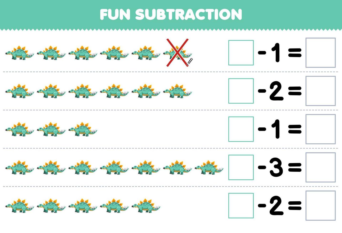 Bildungsspiel für Kinder Spaßsubtraktion durch Zählen des niedlichen Cartoon-Stegosaurus in jeder Reihe und Eliminieren des druckbaren prähistorischen Dinosaurier-Arbeitsblatts vektor