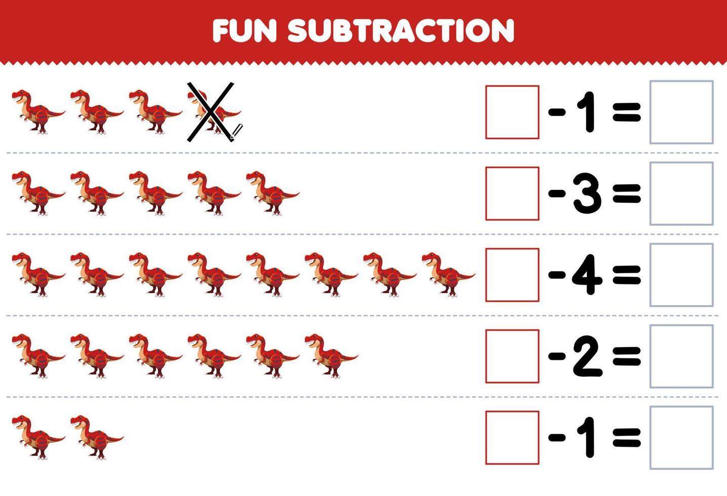 Bildungsspiel für Kinder Spaßsubtraktion durch Zählen des niedlichen Cartoon-Tyrannosaurus in jeder Reihe und Eliminieren des druckbaren prähistorischen Dinosaurier-Arbeitsblatts vektor