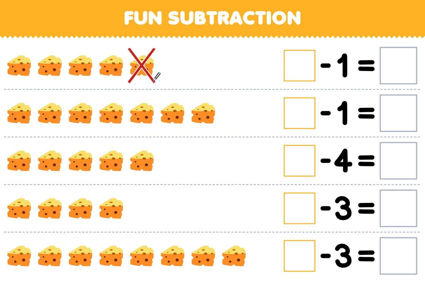 Lernspiel für Kinder Spaßsubtraktion durch Zählen von Cartoon-Käse in jeder Reihe und Eliminieren des druckbaren Arbeitsblatts für Lebensmittel vektor