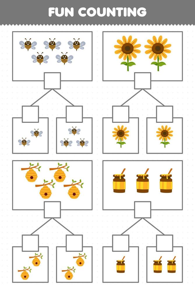 Bildungsspiel für Kinder Spaß beim Zählen von Bildern in jeder Schachtel mit niedlichen Cartoon-Bienen-Sonnenblumen-Bienenstock-Honig-Bauernhof-Arbeitsblättern zum Ausdrucken vektor