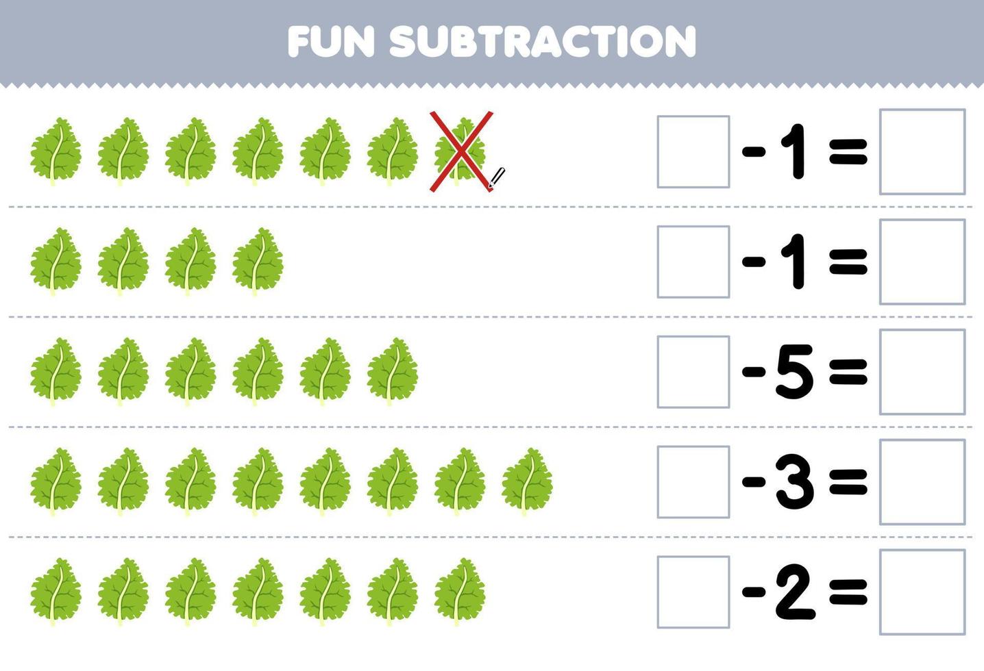 Lernspiel für Kinder Spaßsubtraktion durch Zählen des Cartoon-Grünkohls in jeder Reihe und Eliminieren des druckbaren Gemüsearbeitsblatts vektor